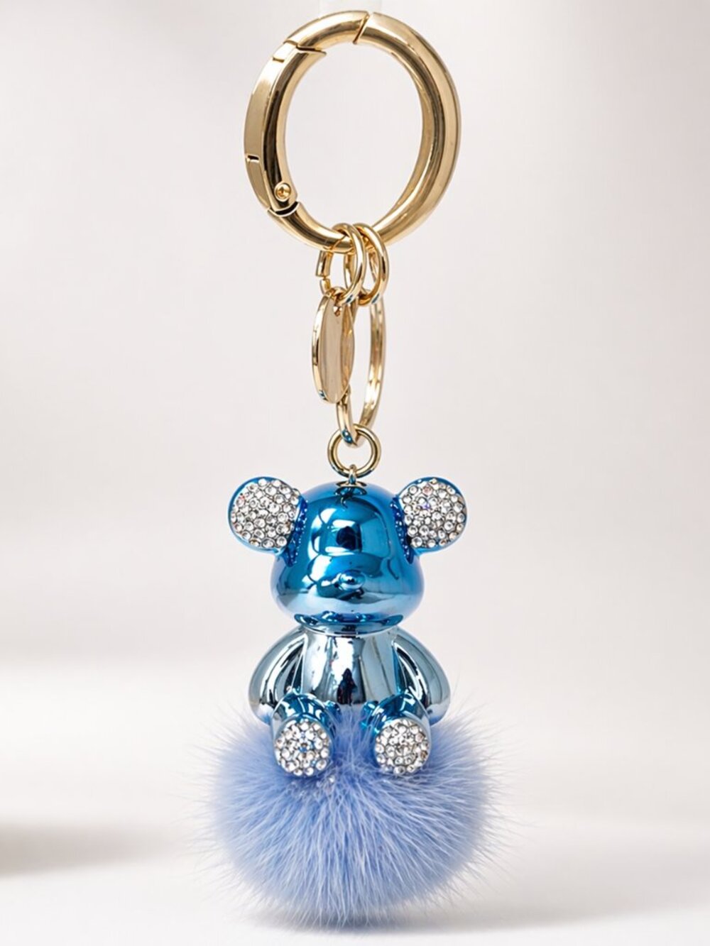 Glossy Teddy Bear with Pom Pom and Rhinestone Keychain Bag Charm Blue